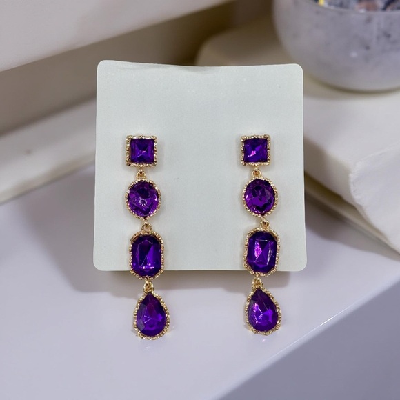 Dramatic Violet Rhinestone Water Drop long Earrings - Picture 3 of 4
